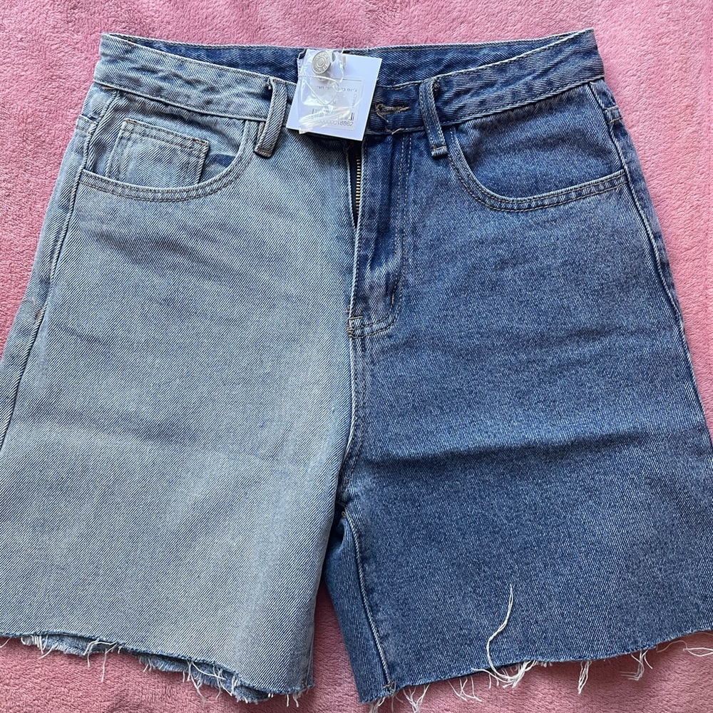 Denim Biker Shorts in Color-Block Style